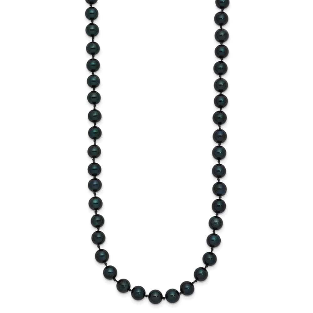 14K White Gold 5-6mm Black Round Akoya Cultured Pearl 24 inch Necklace