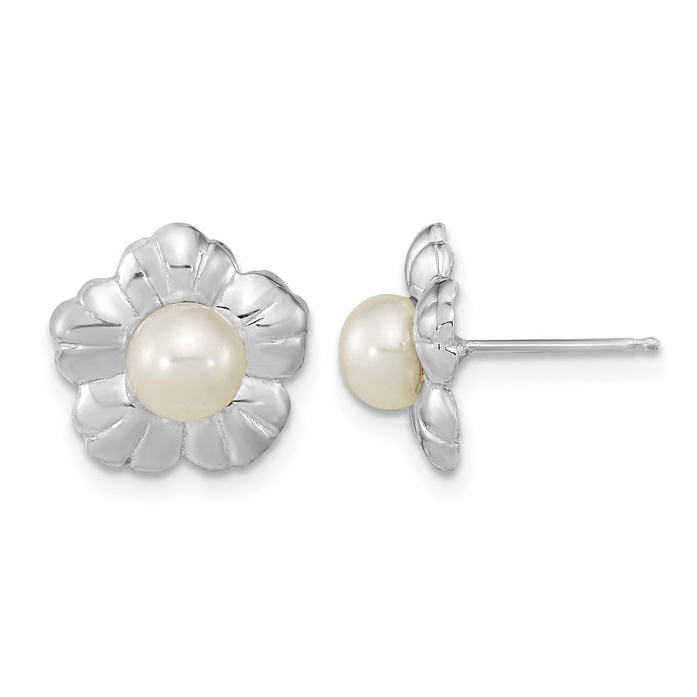 14K White Gold 5-6mm White Button Freshwater Pearl Flower Earrings