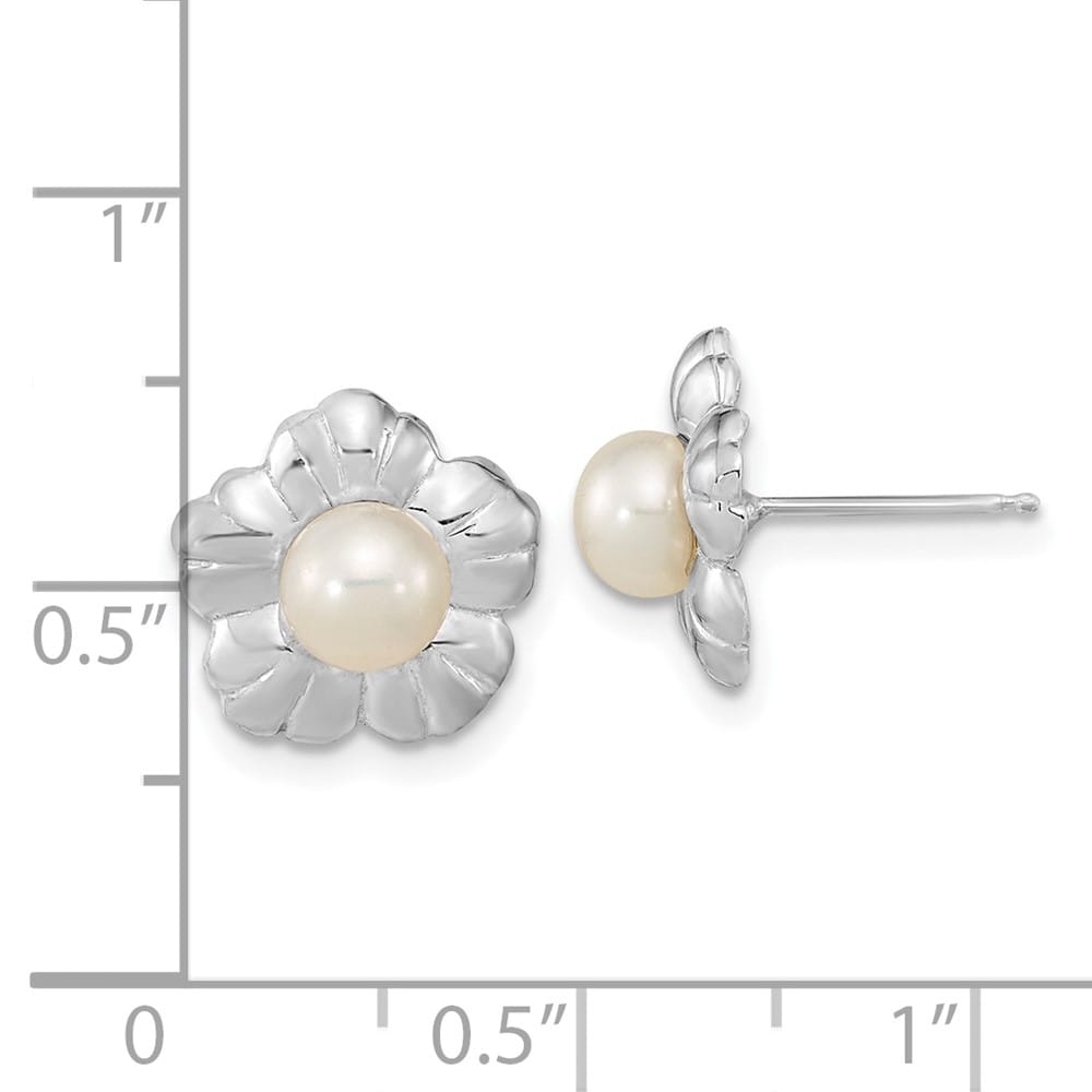 14K White Gold 5-6mm White Button Freshwater Pearl Flower Earrings