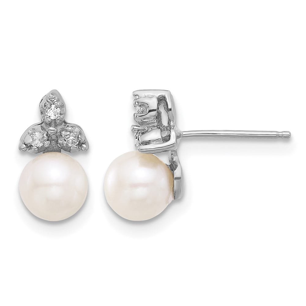 14K White Gold 5-6mm White Round Freshwater Pearl .06 Carat Earrings