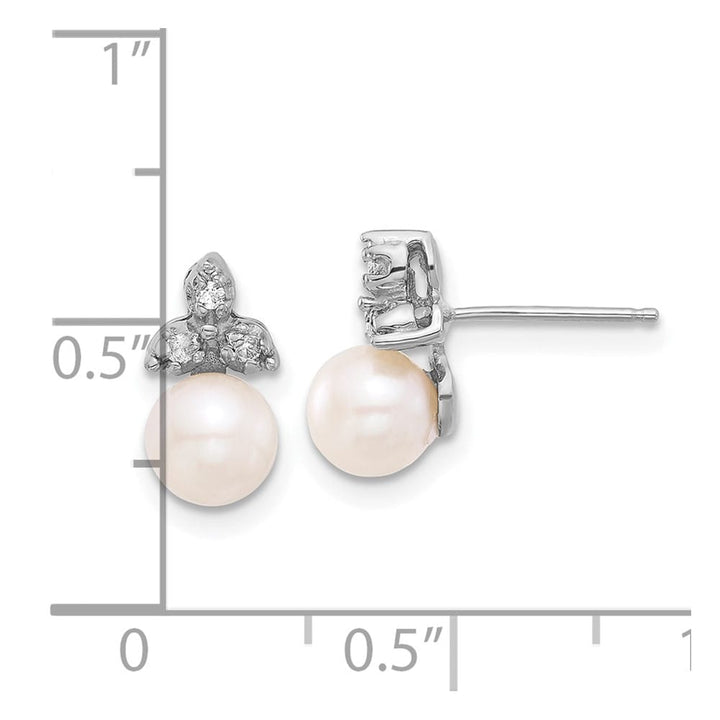 14K White Gold 5-6mm White Round Freshwater Pearl .06 Carat Earrings