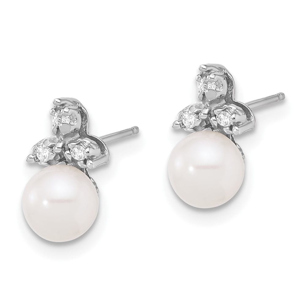 14K White Gold 5-6mm White Round Freshwater Pearl .06 Carat Earrings
