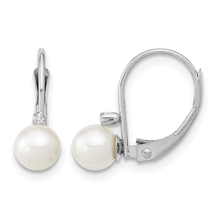 14K White Gold 5-6mm White Round Freshwater Pearl and .02 Earrings