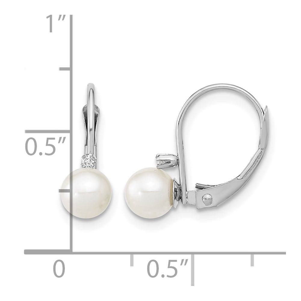 14K White Gold 5-6mm White Round Freshwater Pearl and .02 Earrings