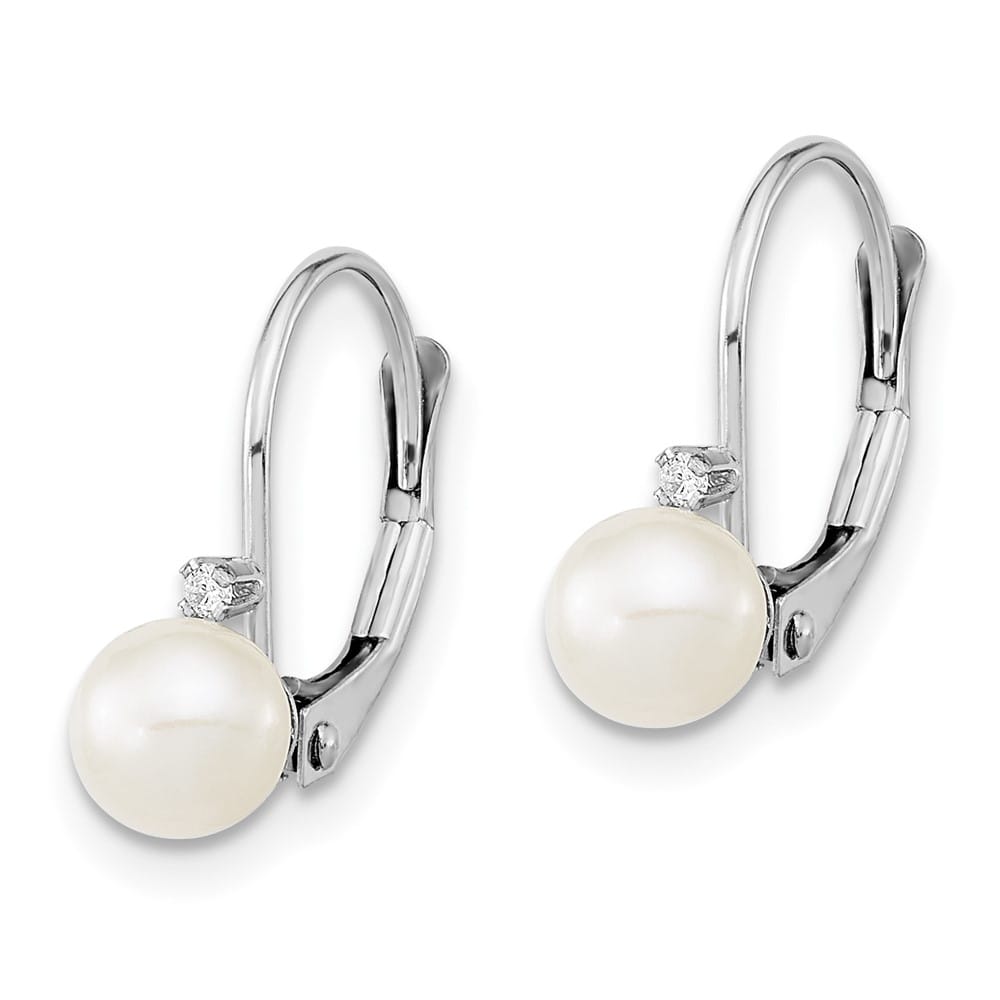 14K White Gold 5-6mm White Round Freshwater Pearl and .02 Earrings