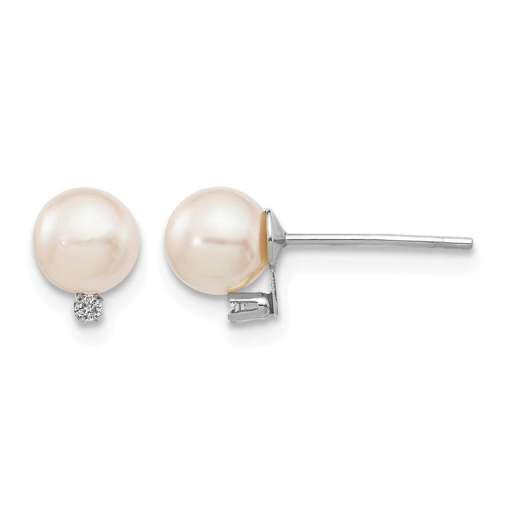 14K White Gold 5-6mm White Round Pearl and .02 Carat Diamond Earrings, view 1 of 4