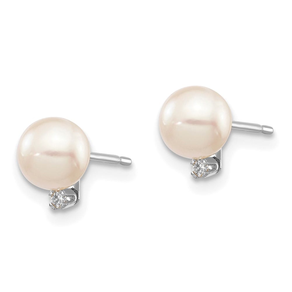 14K White Gold 5-6mm White Round Pearl and .02 Carat Diamond Earrings, view 2 of 4