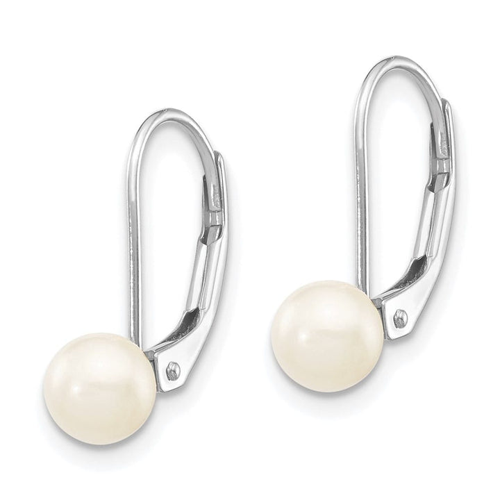 14K White Gold 5-6mm White Round Saltwater Pearl Leverback Earrings, view 2 of 4