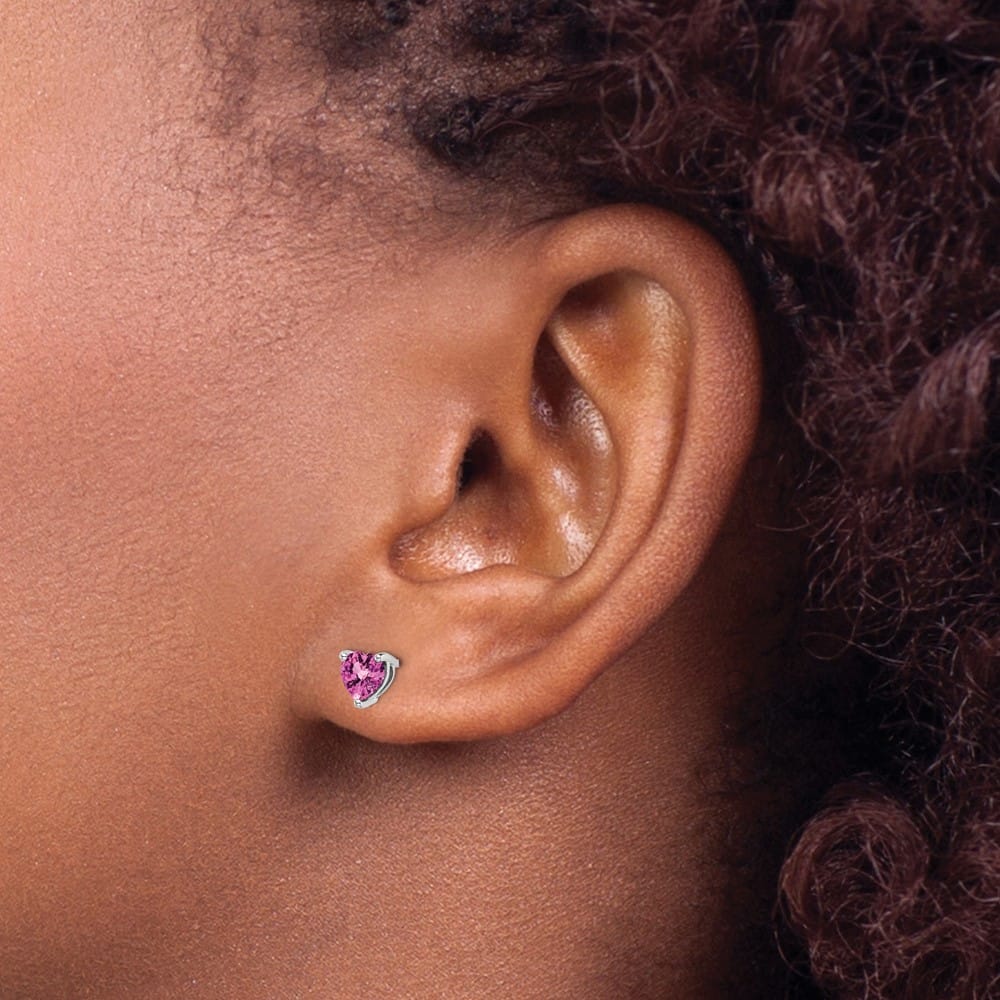14K White Gold 5mm Heart Lab Created Pink Sapphire Post Earrings, view 3 of 4