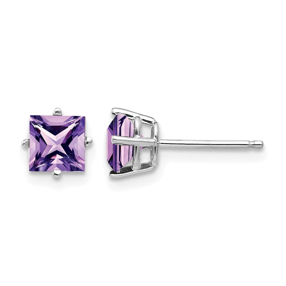 14K White Gold 5mm Princess-cut Amethyst Post Earrings, view 1 of 4