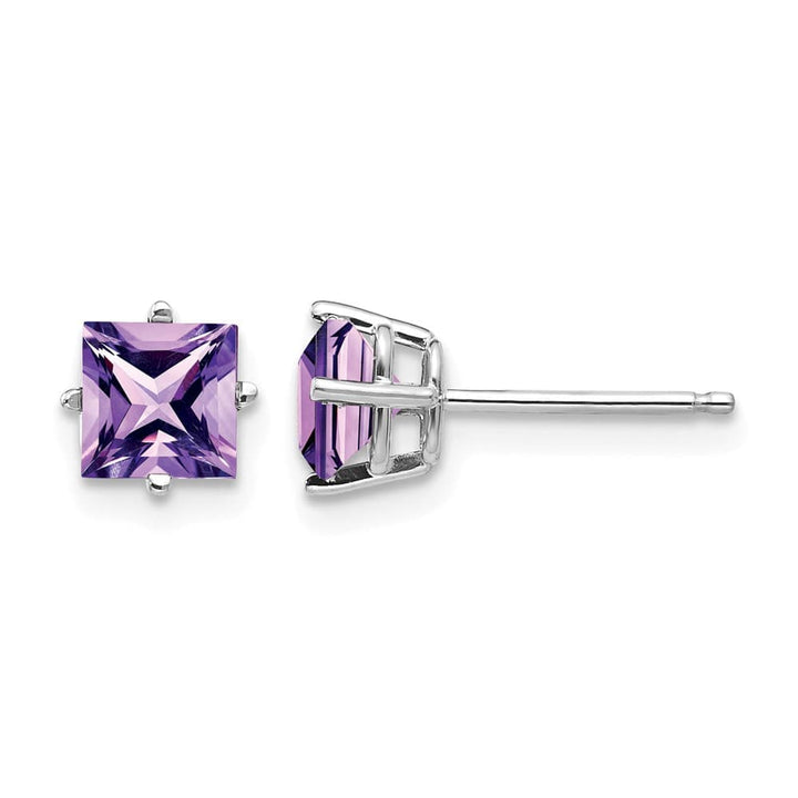 14K White Gold 5mm Princess-cut Amethyst Post Earrings, view 1 of 4