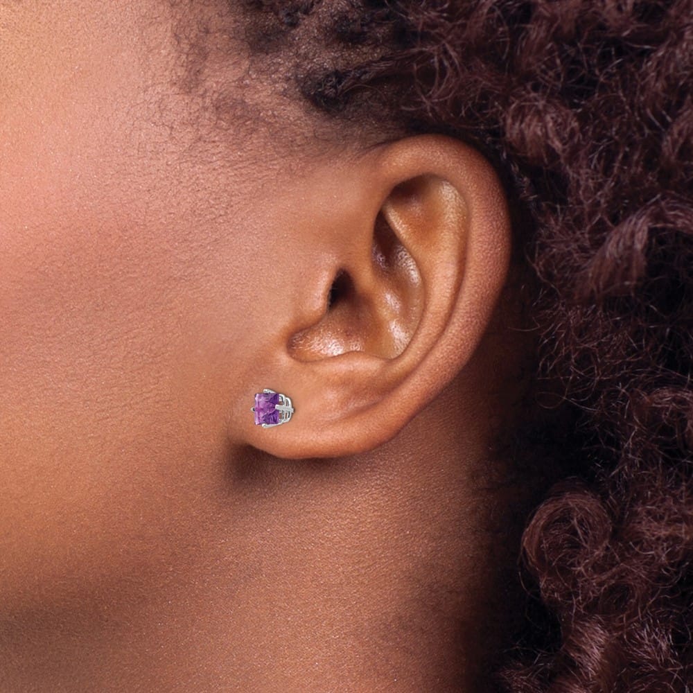 14K White Gold 5mm Princess-cut Amethyst Post Earrings, view 3 of 4