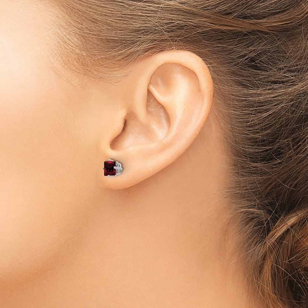 14K White Gold 5mm Princess-cut Garnet Post Earrings, view 3 of 4