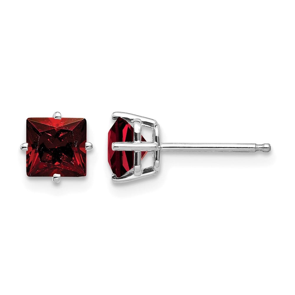14K White Gold 5mm Princess-cut Garnet Post Earrings, view 1 of 4