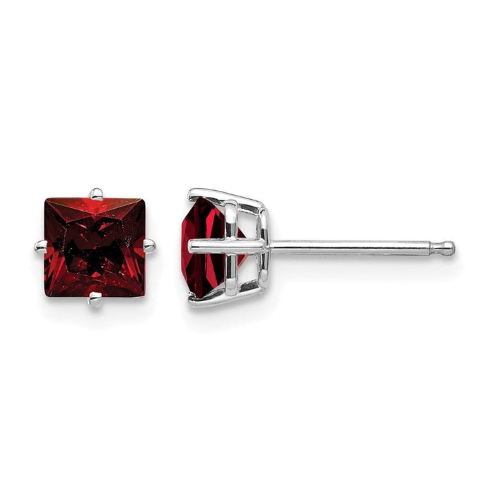14K White Gold 5mm Princess-cut Garnet Post Earrings, view 1 of 4