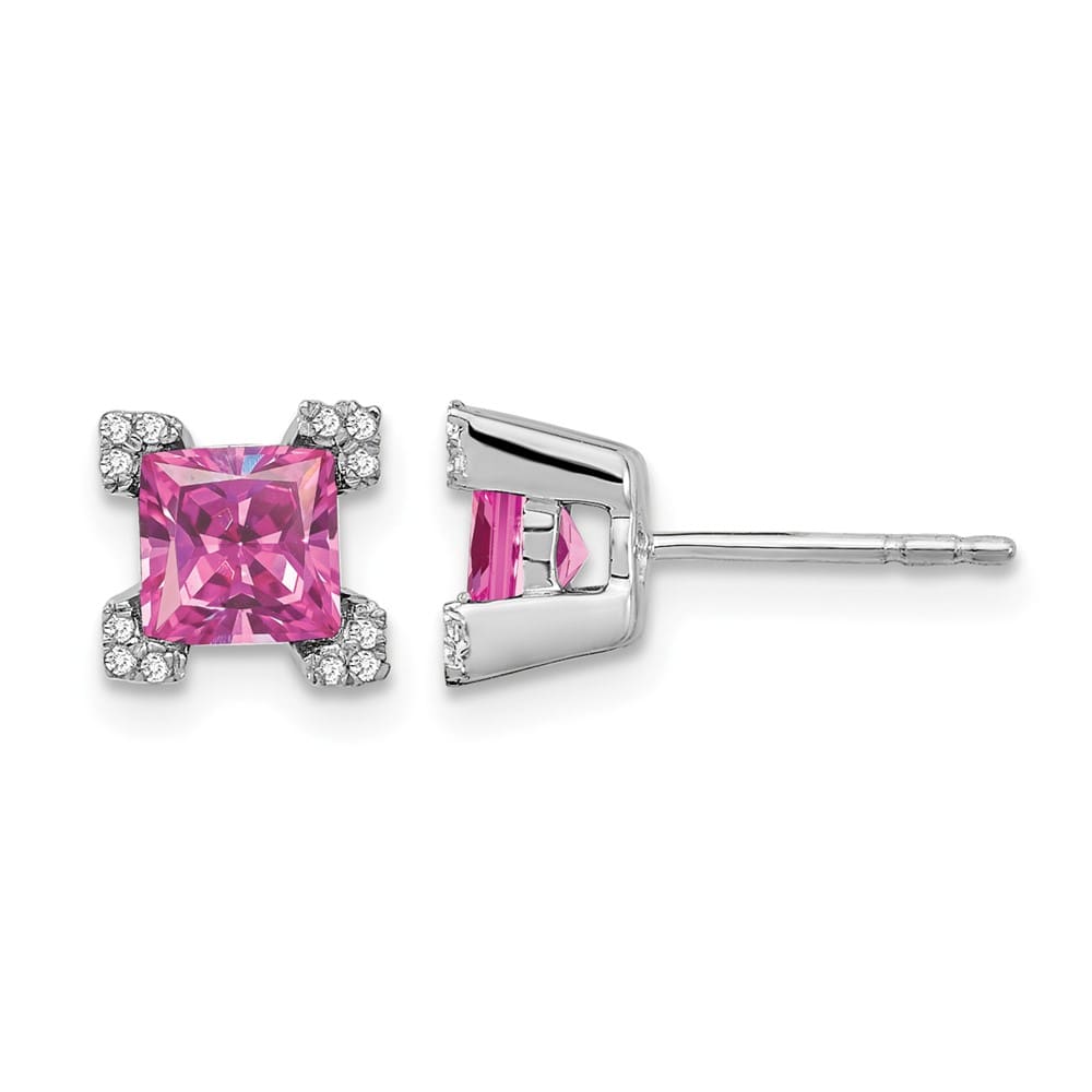 14K White Gold 5mm Princess Pink and Diamond Corners Post Earrings, view 1 of 4