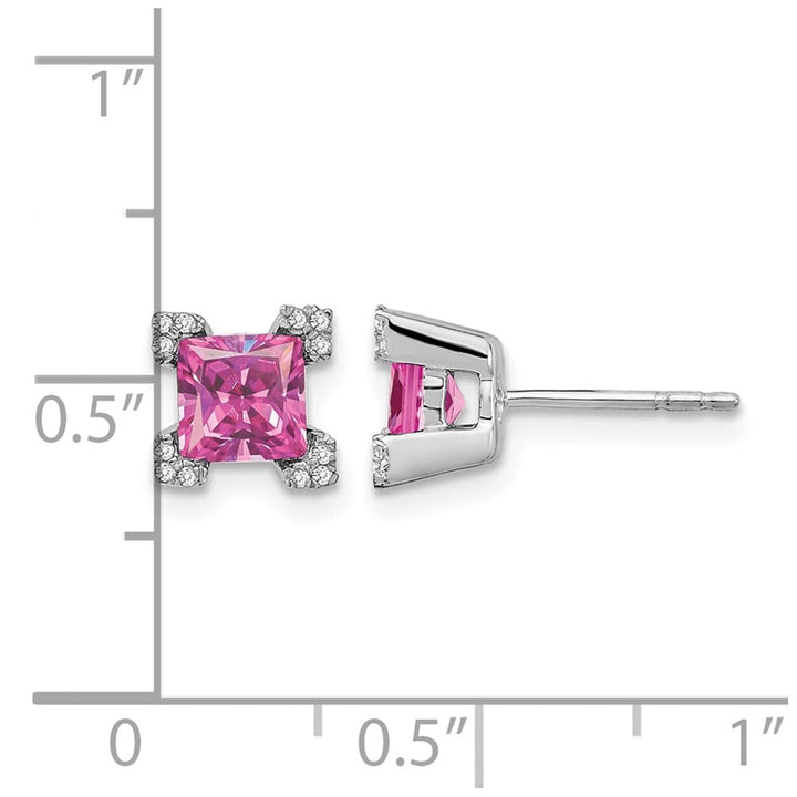 14K White Gold 5mm Princess Pink and Diamond Corners Post Earrings, view 4 of 4