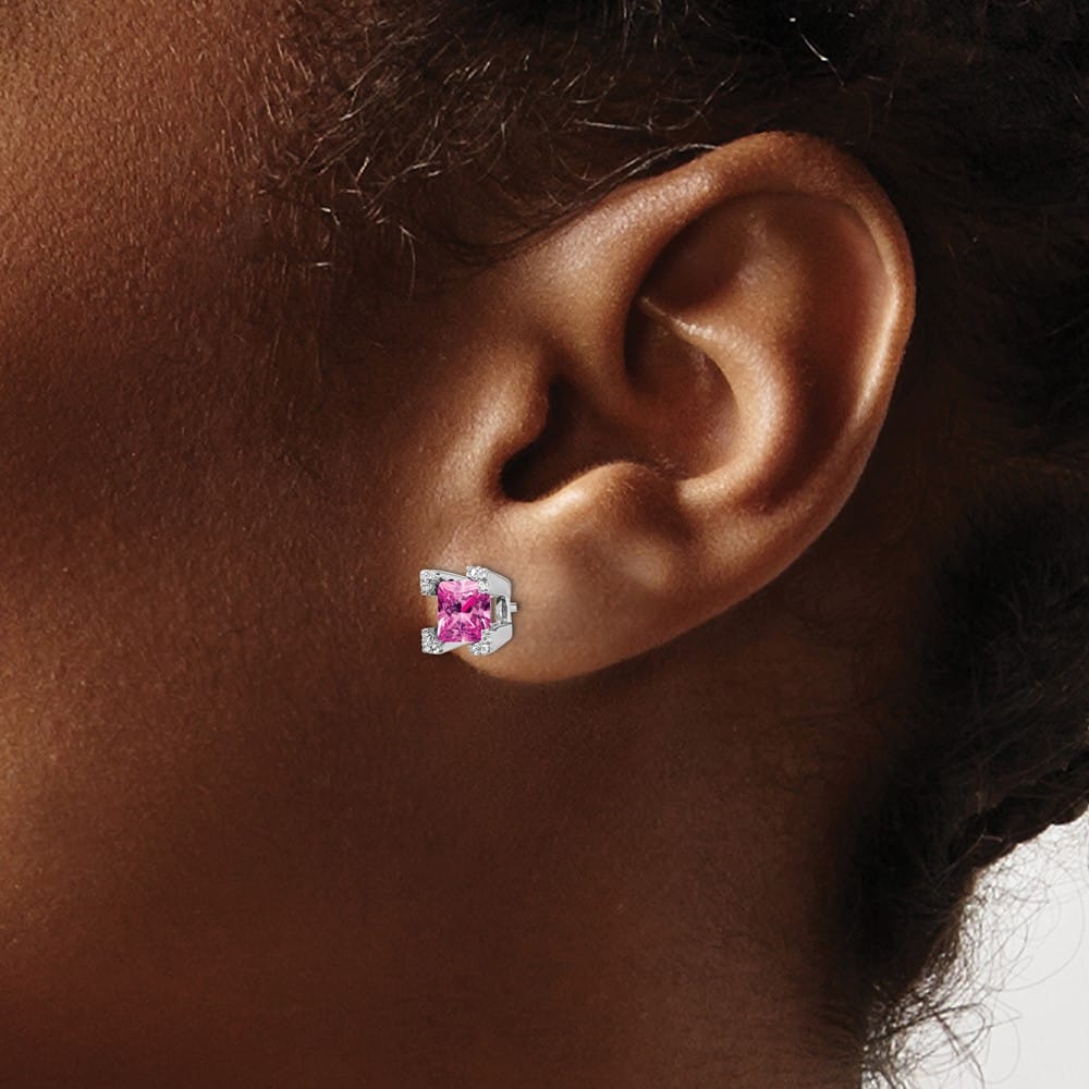 14K White Gold 5mm Princess Pink and Diamond Corners Post Earrings, view 3 of 4