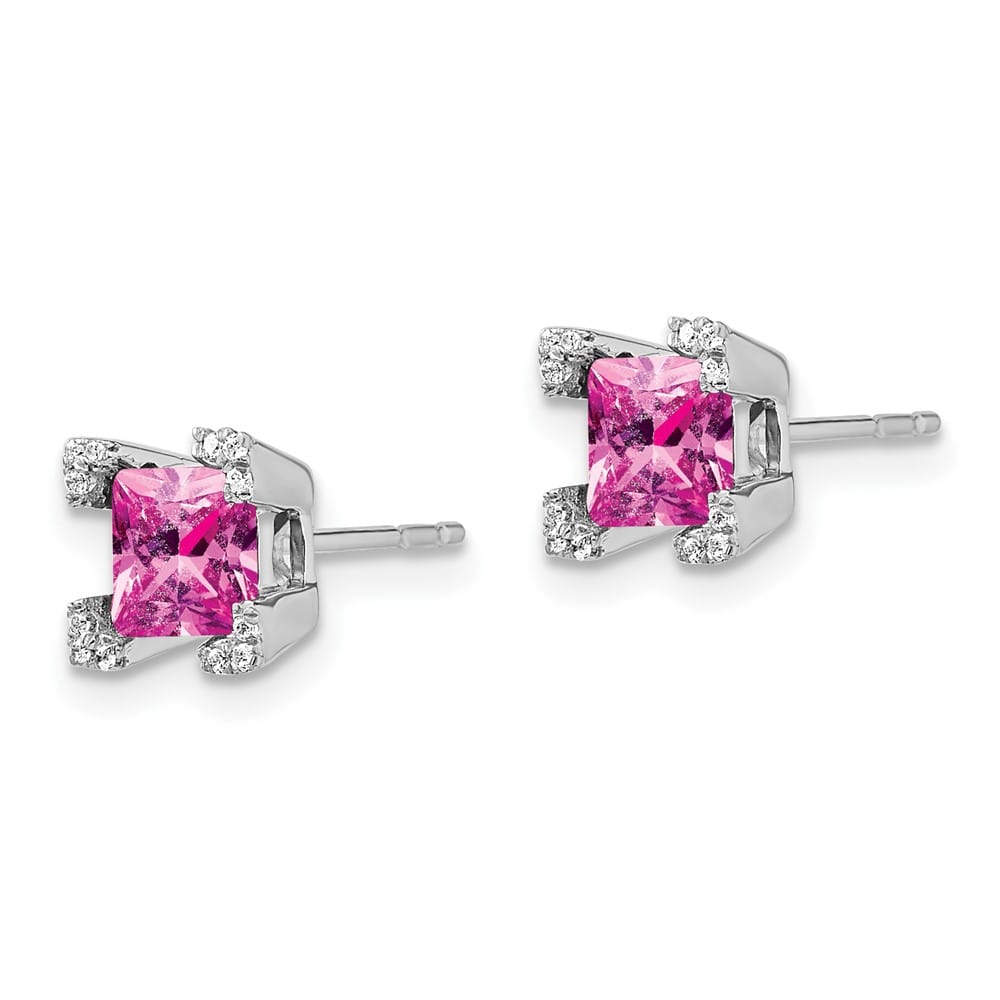 14K White Gold 5mm Princess Pink and Diamond Corners Post Earrings, view 2 of 4