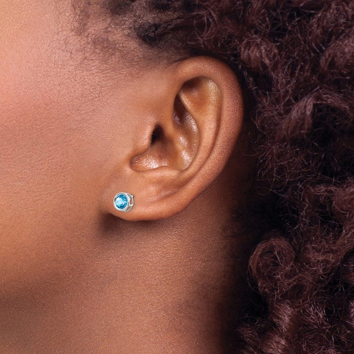 14K White Gold 5mm Round Bezel December/Blue Topaz Post Earrings, view 3 of 4