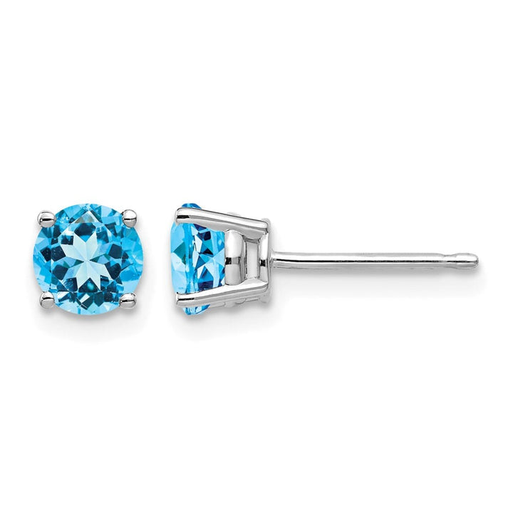 14K White Gold 5mm Round Blue Topaz Post Earrings, view 1 of 4