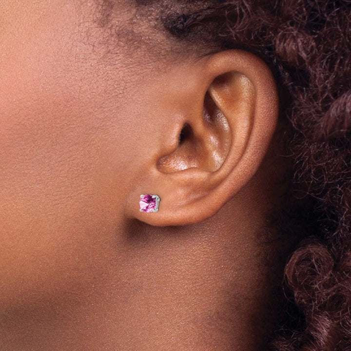 14K White Gold 5mm Round Lab Created Pink Sapphire Post Earrings, view 3 of 4