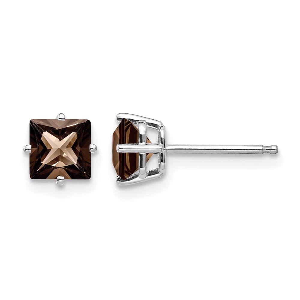 14K White Gold 5mm Square Smoky Quartz Post Earrings, view 1 of 4