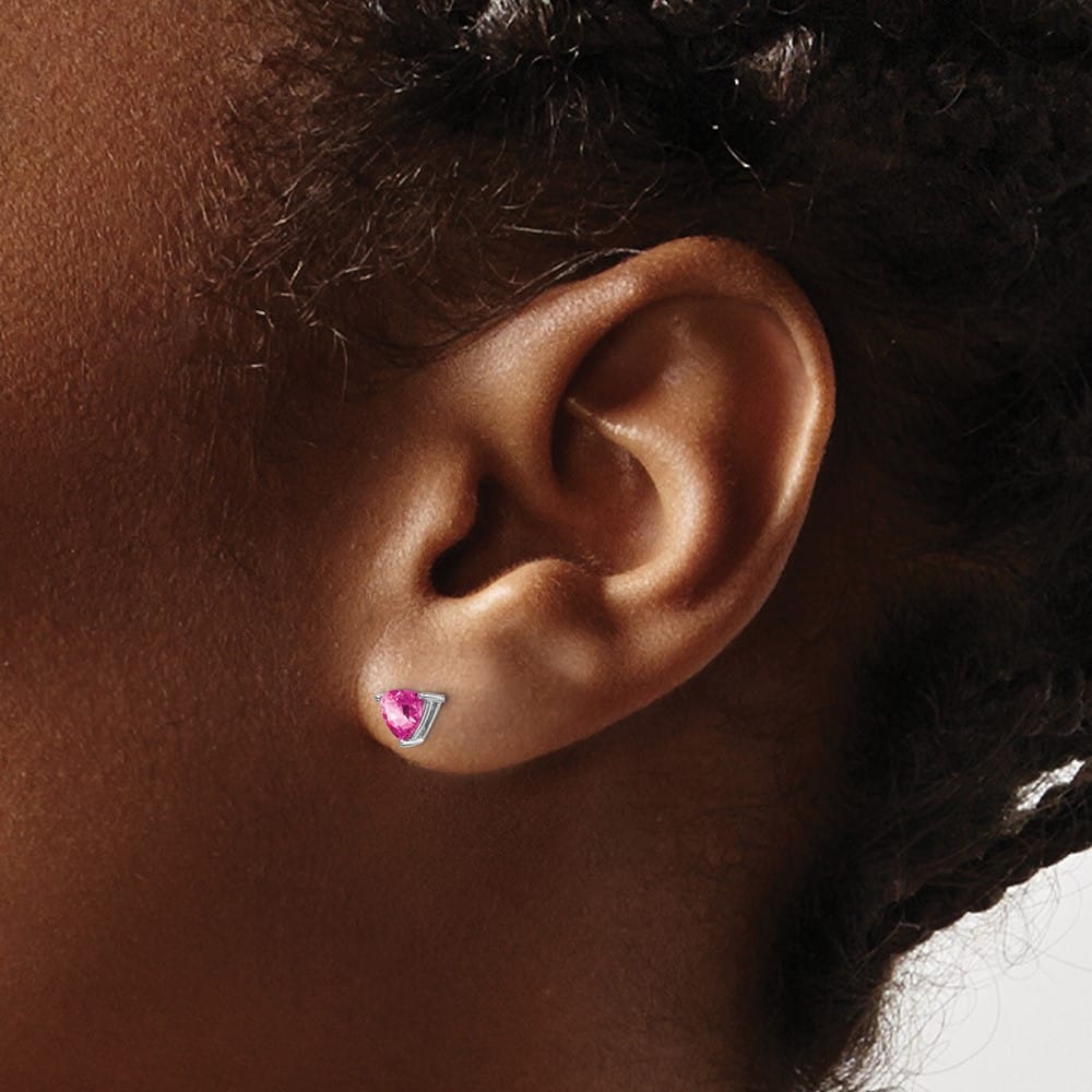14K White Gold 5mm Trillion Lab Created Pink Sapphire Post Earrings, view 3 of 4