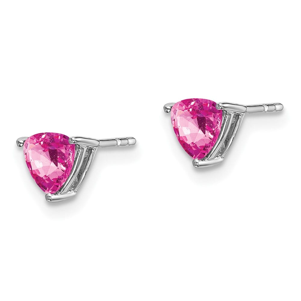 14K White Gold 5mm Trillion Lab Created Pink Sapphire Post Earrings, view 2 of 4