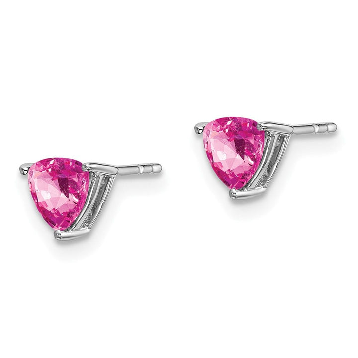 14K White Gold 5mm Trillion Lab Created Pink Sapphire Post Earrings, view 2 of 4