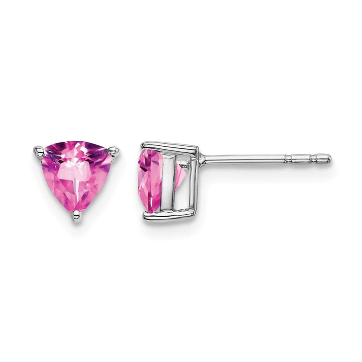 14K White Gold 5mm Trillion Lab Created Pink Sapphire Post Earrings, view 1 of 4