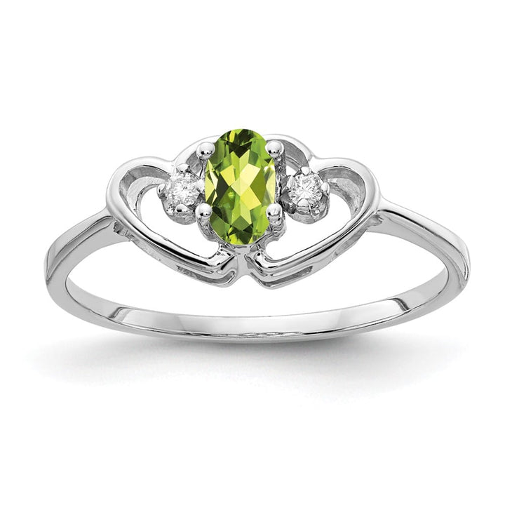14k White Gold 5x3 mm Oval Peridot and Diamond Two Hearts Ring