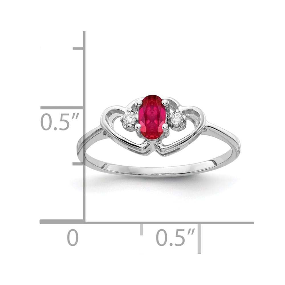 14k White Gold 5x3 mm Oval Ruby and Diamond Two Hearts Ring