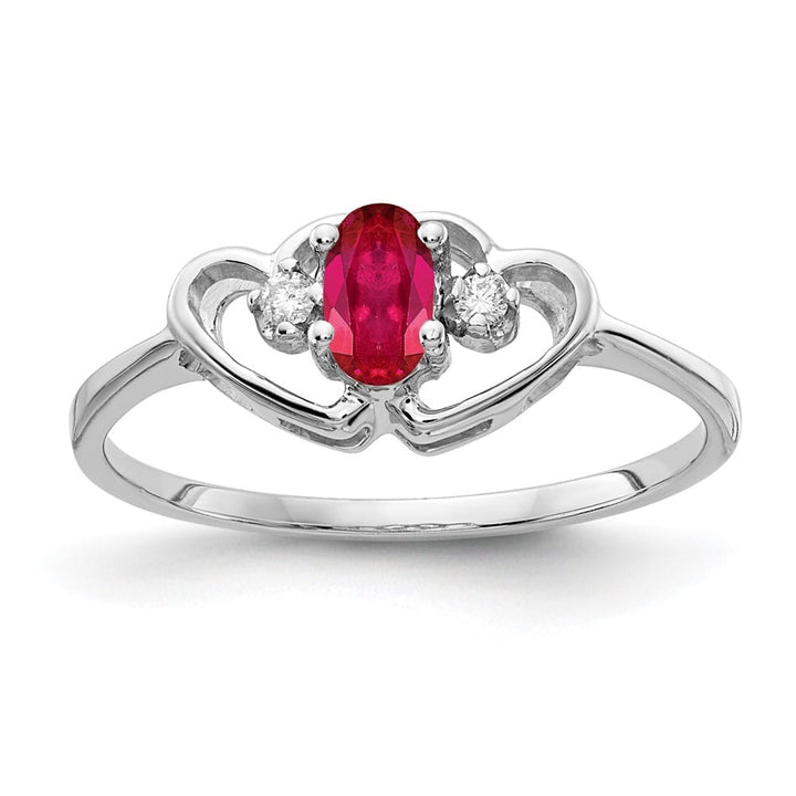 14k White Gold 5x3 mm Oval Ruby and Diamond Two Hearts Ring