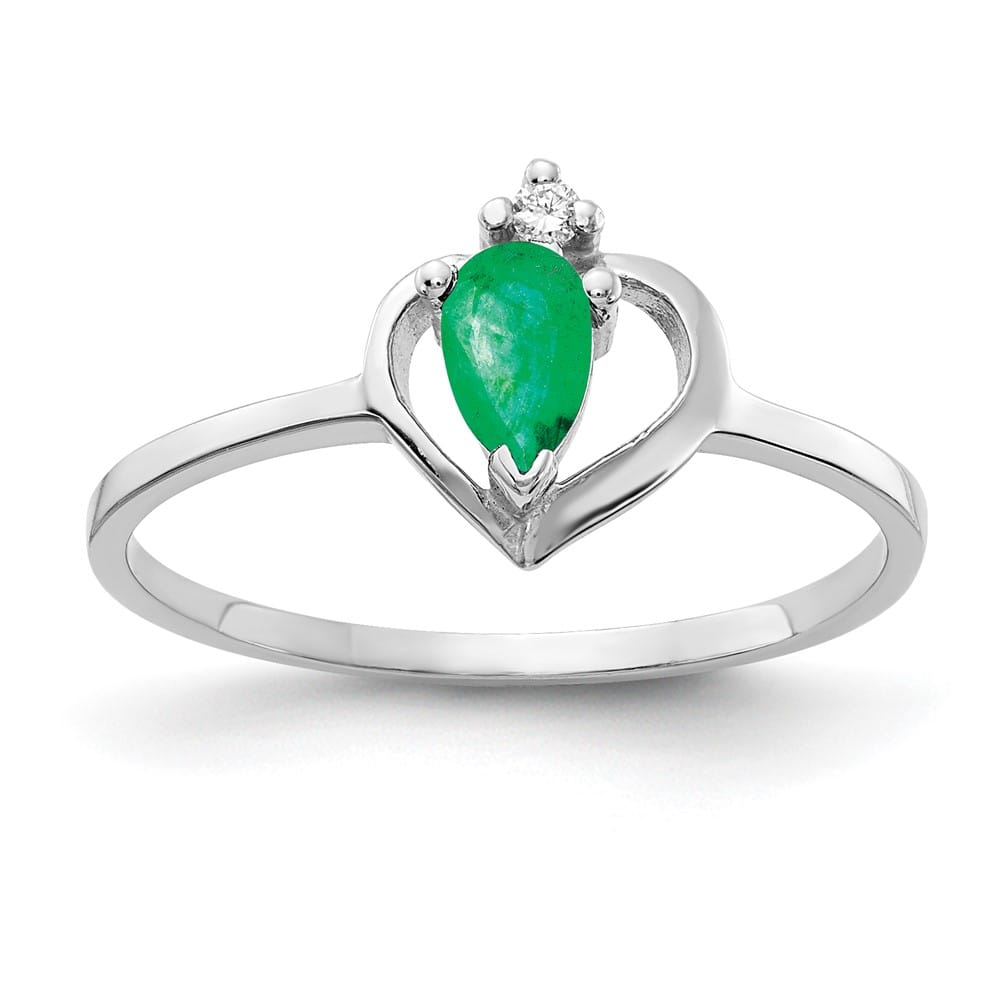14k White Gold 5x3 mm Pear Emerald and Diamond Heart Ring