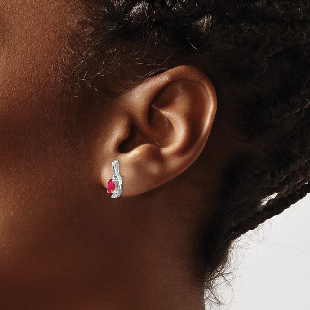 14K White Gold 5x3 Oval July/Ruby and Diamond Post Earrings, view 3 of 4