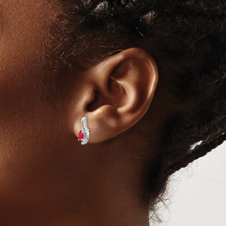14K White Gold 5x3 Oval July/Ruby and Diamond Post Earrings, view 3 of 4