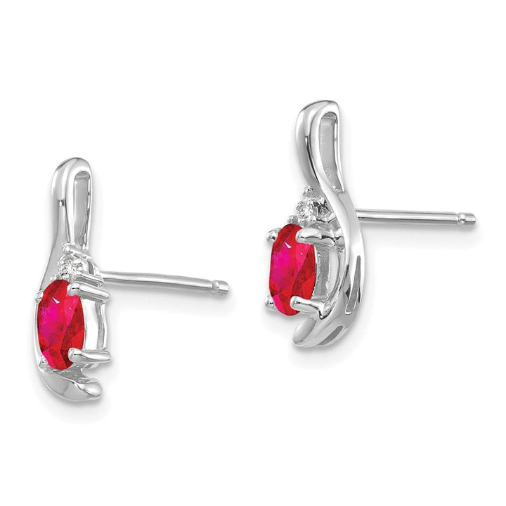 14K White Gold 5x3 Oval July/Ruby and Diamond Post Earrings, view 2 of 4