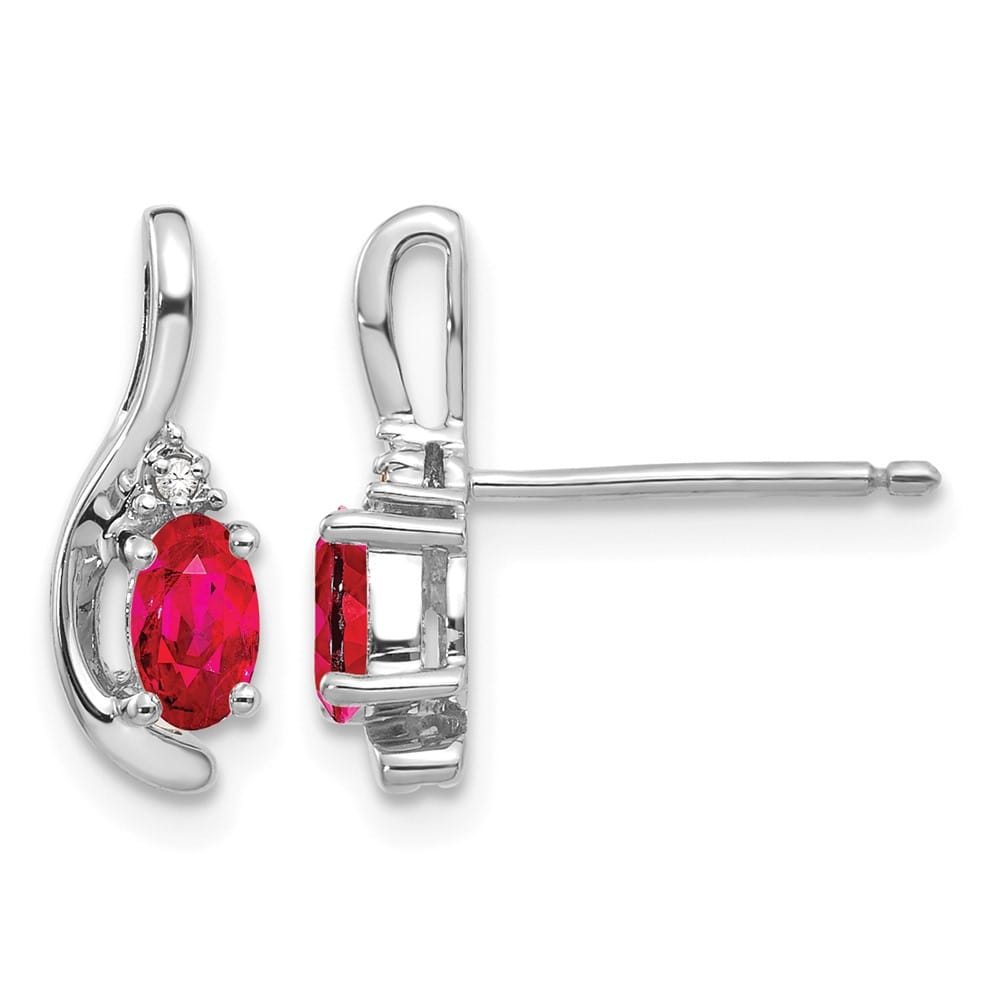 14K White Gold 5x3 Oval July/Ruby and Diamond Post Earrings, view 1 of 4