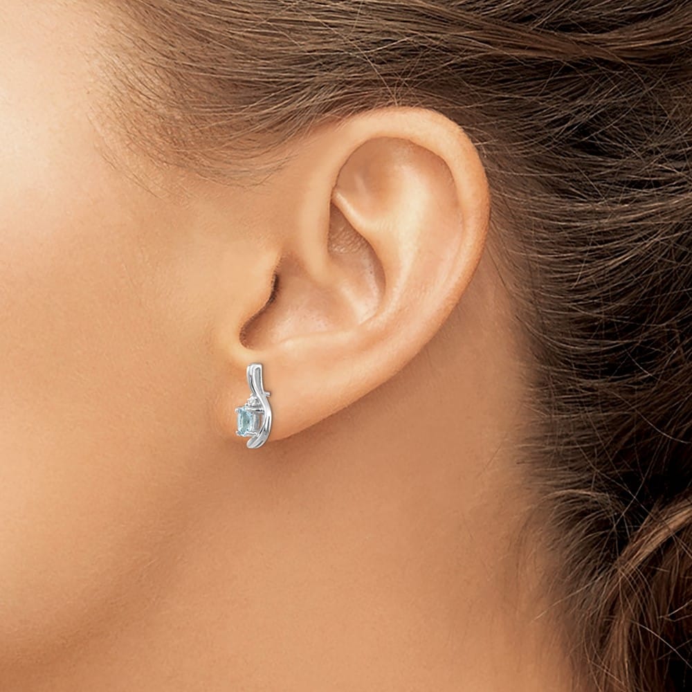 14K White Gold 5x3 Oval March/Aquamarine and Diamond Post Earrings, view 3 of 4