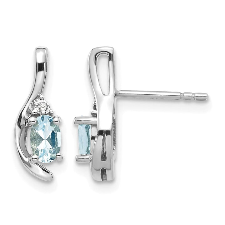 14K White Gold 5x3 Oval March/Aquamarine and Diamond Post Earrings, view 1 of 4