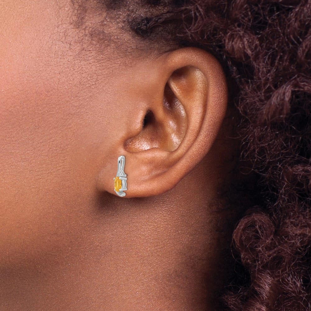 14K White Gold 5x3 Oval November/Citrine and Diamond Post Earrings, view 3 of 4