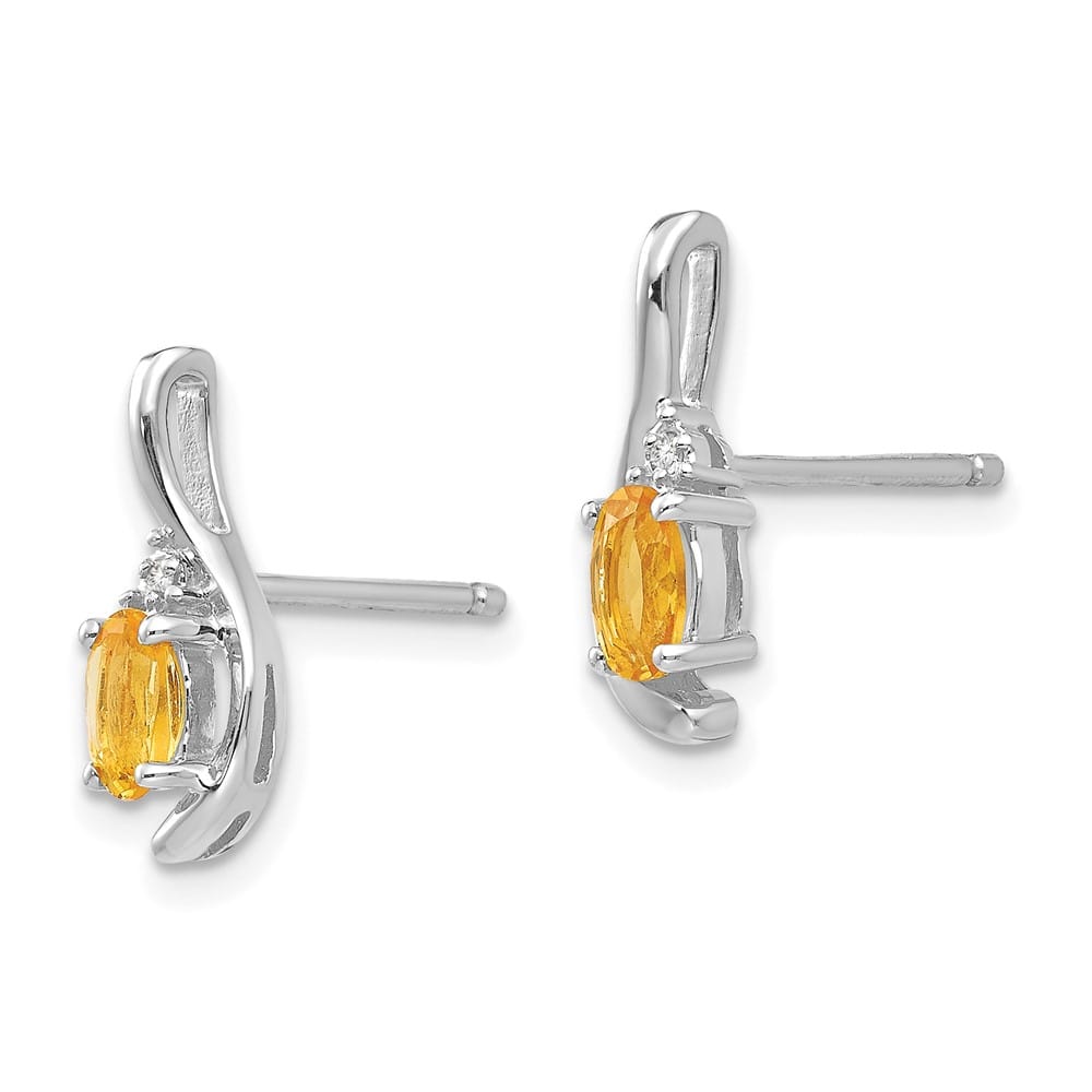 14K White Gold 5x3 Oval November/Citrine and Diamond Post Earrings, view 2 of 4