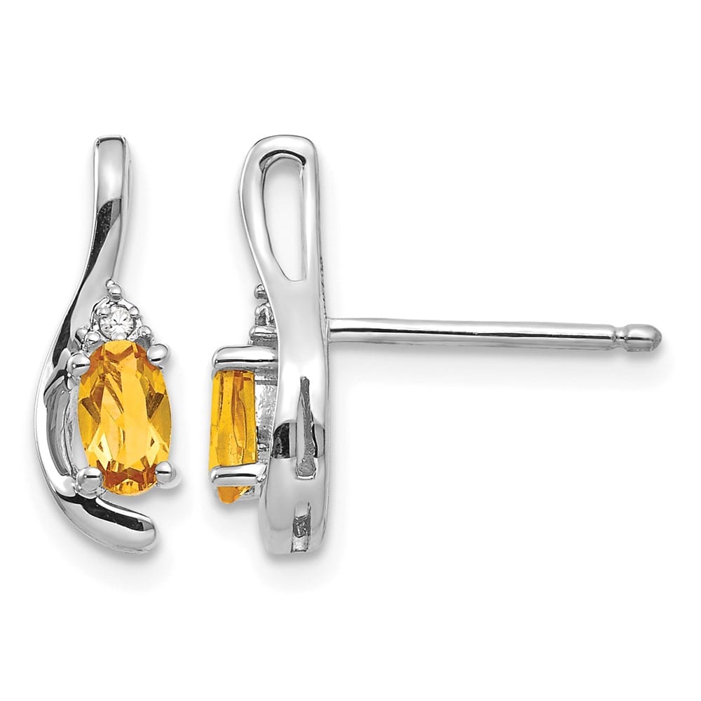 14K White Gold 5x3 Oval November/Citrine and Diamond Post Earrings, view 1 of 4