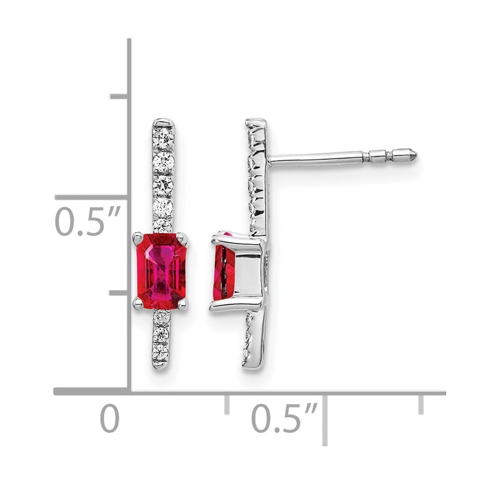 14K White Gold 5x3mm Emerald-cut Ruby and Diamond Post Earrings, view 4 of 4