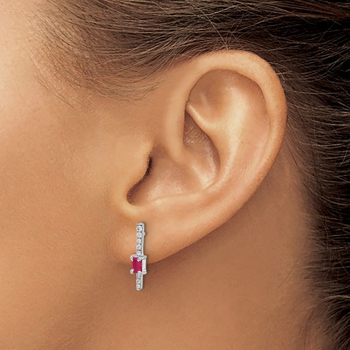 14K White Gold 5x3mm Emerald-cut Ruby and Diamond Post Earrings, view 3 of 4