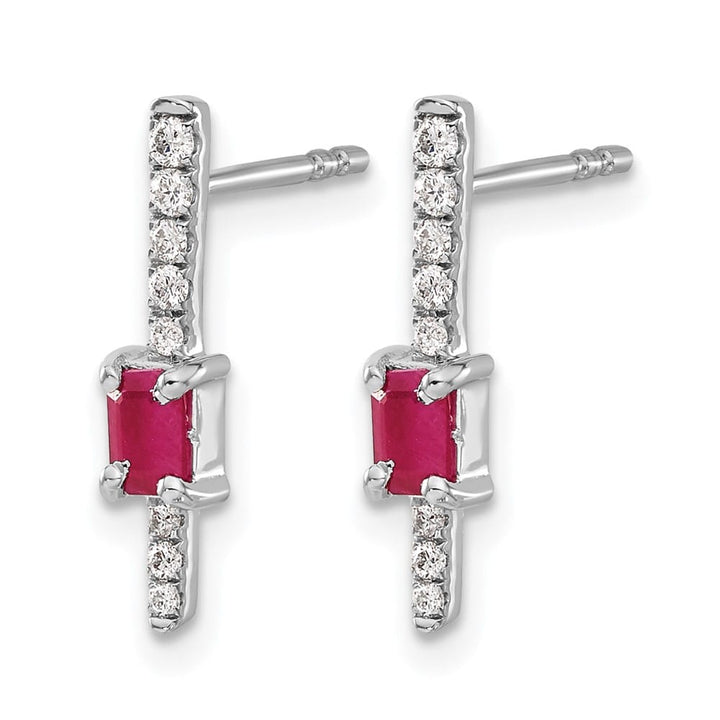 14K White Gold 5x3mm Emerald-cut Ruby and Diamond Post Earrings, view 2 of 4