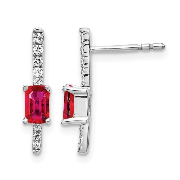14K White Gold 5x3mm Emerald-cut Ruby and Diamond Post Earrings, view 1 of 4