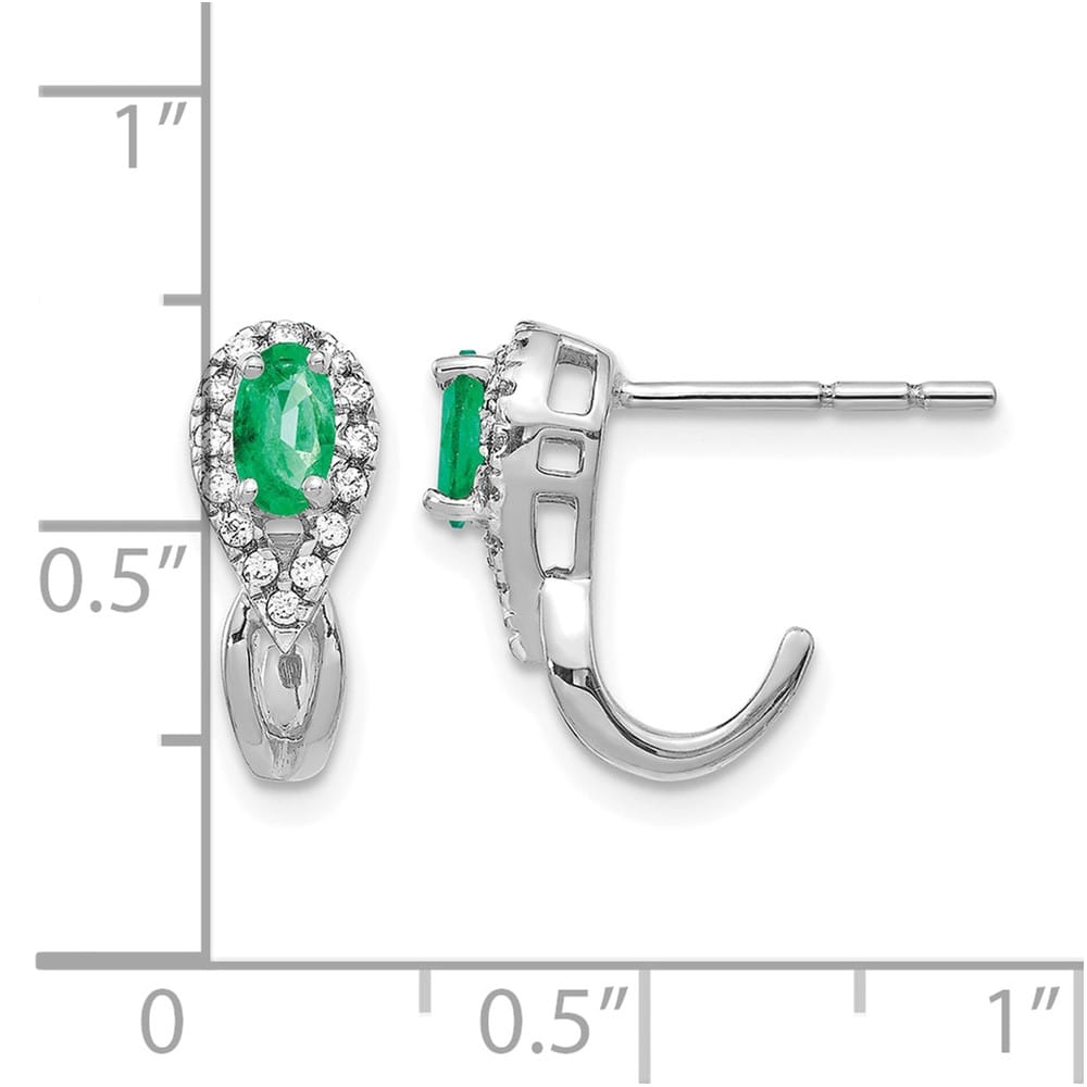 14K White Gold 5x3mm Oval Emerald and Diamond J-Hoop Post Earrings, view 4 of 4