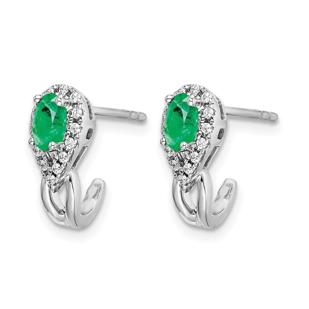 14K White Gold 5x3mm Oval Emerald and Diamond J-Hoop Post Earrings, view 2 of 4